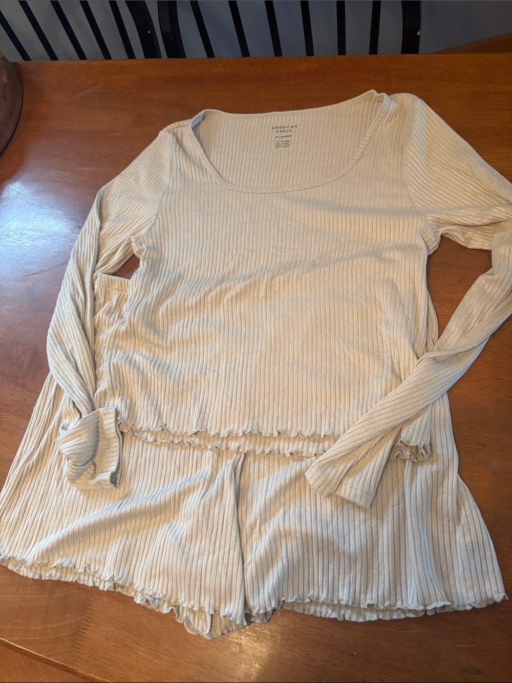 American Eagle Outfitters Light Cream Ribbed Long-Sleeve Dress